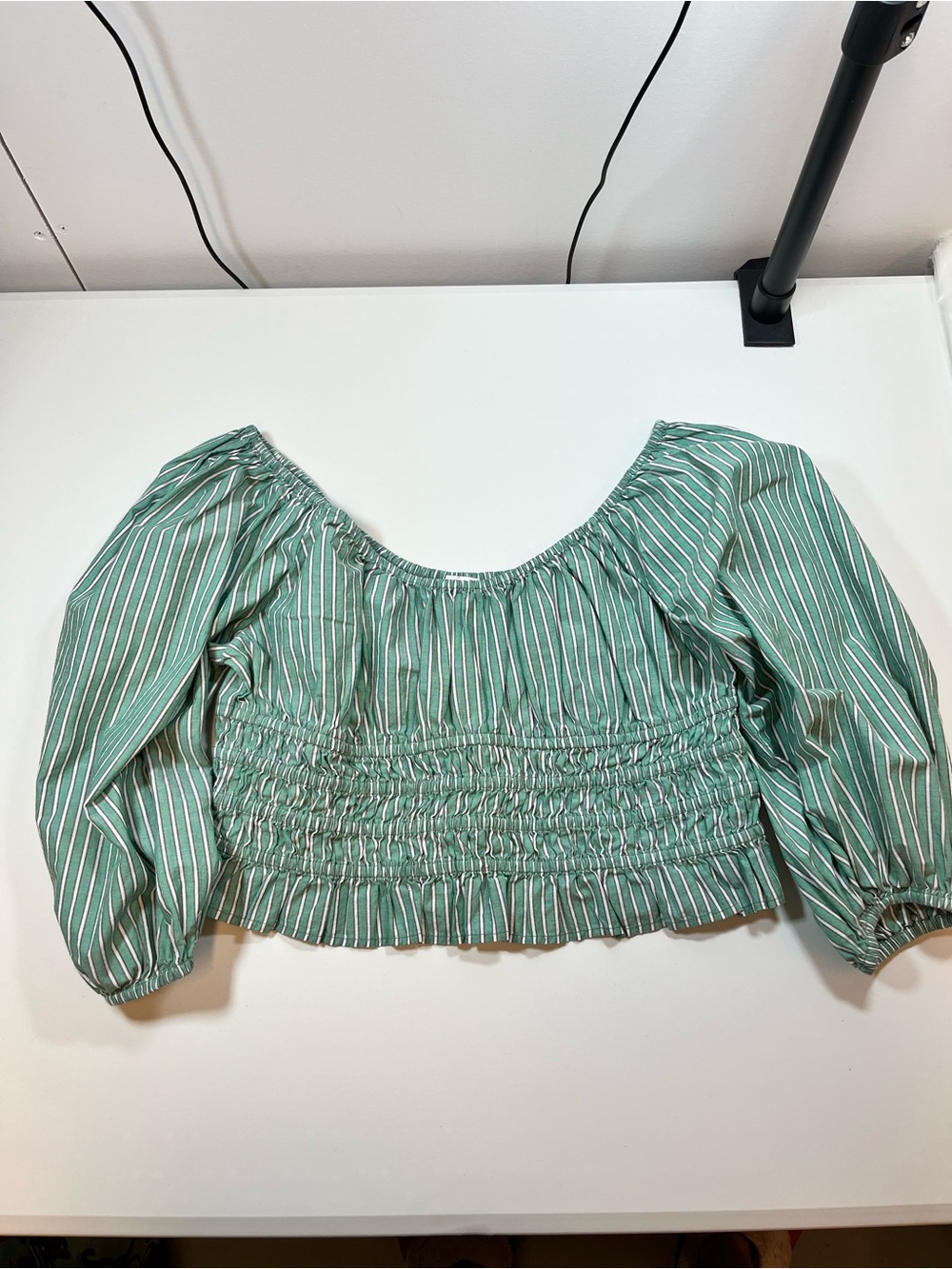 American Eagle Green Striped Smocked Crop Top Puff Sleeve M